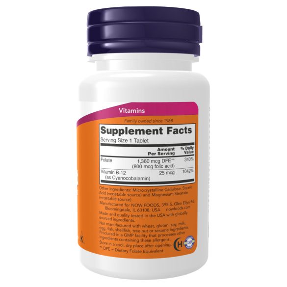 NOW Folic Acid 800 mcg with B-12 25 mcg (folsav B12-vitaminnal) tabletta 250 db