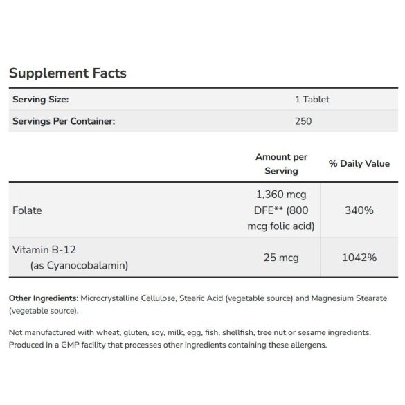 NOW Folic Acid 800 mcg with B-12 25 mcg (folsav B12-vitaminnal) tabletta 250 db