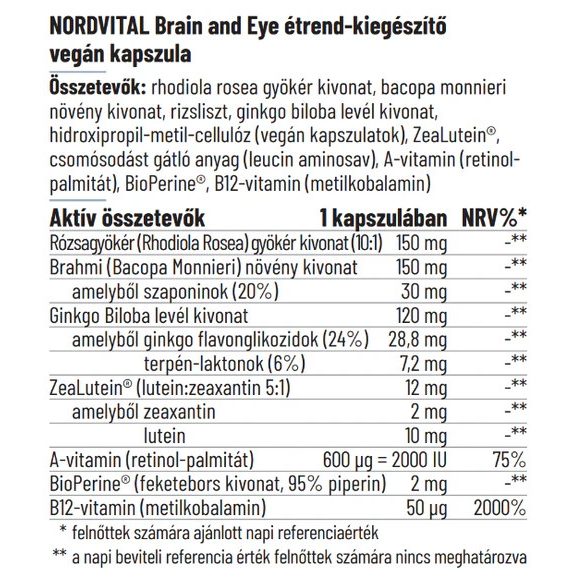 Nordvital Brain and Eye Rhodiola, Bacopa, Ginkgo kivonattal, A-vitaminnal, luteinnel és zeaxantinnal lágyzselatin kapszula 50 db