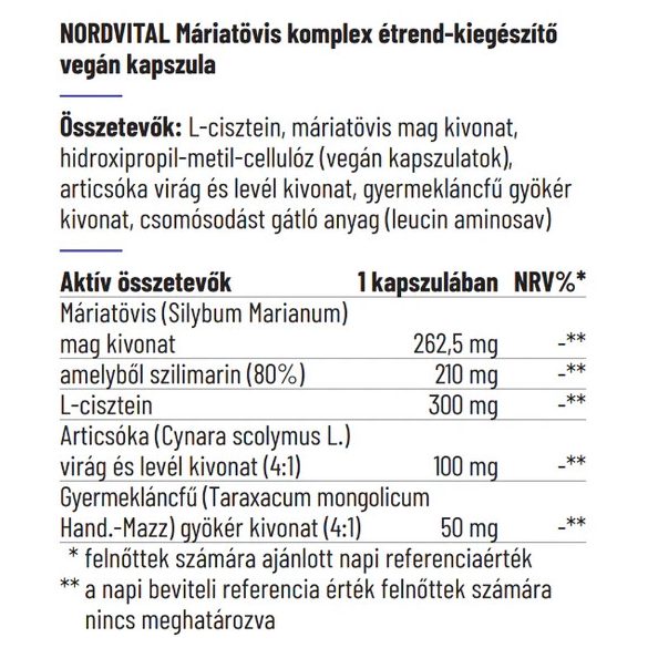 Nordvital Máriatövis komplex 210 mg szilimarin, 100 mg articsóka kivonat kapszula 60 db