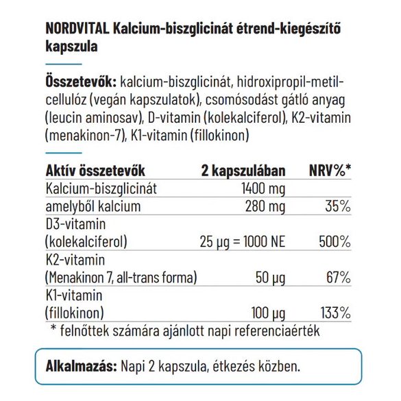 Nordvital Kalcium-biszglicinát 700 mg + D3 + K1 + K2 kapszula 60 db