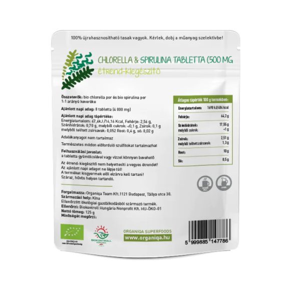 Organiqa Chlorella & Spirulina tabletta, bio 250 db