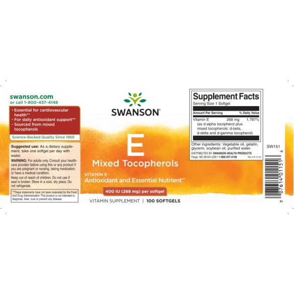 Swanson E-vitamin 400 NE (268 mg) vegyes tokoferol lágyzselatin kapszula 100 db