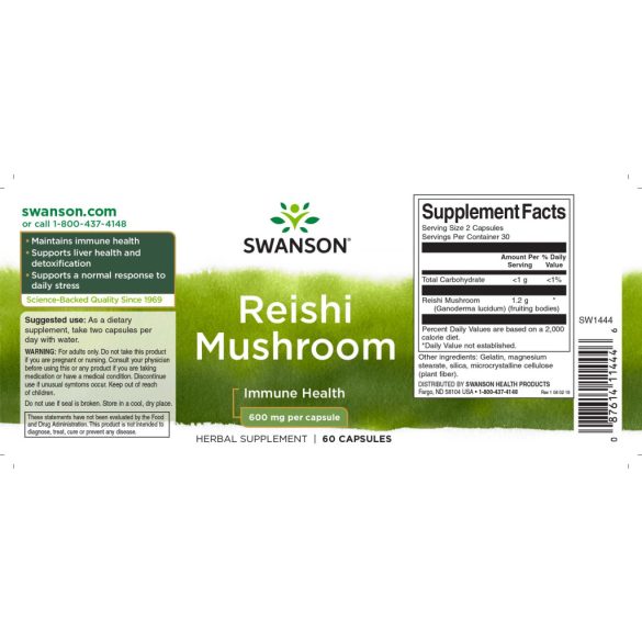 Swanson Reishi (Ganoderma) gomba 600 mg kapszula 60 db