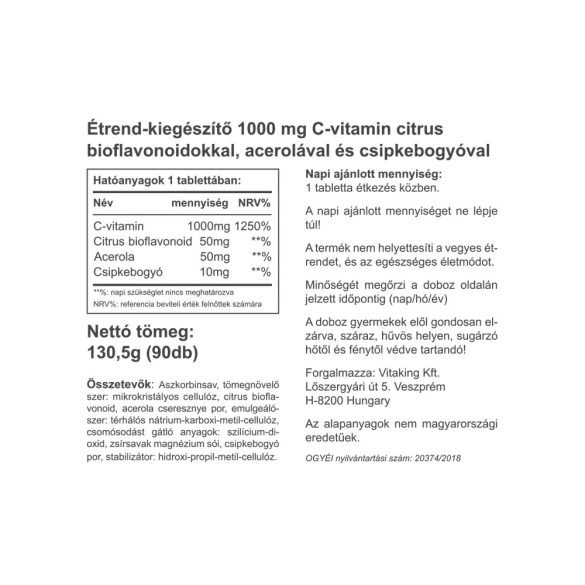 Vitaking C-1000 mg +bioflavonoidok (acerola, csipkebogyó) C-vitamin tabletta 90db