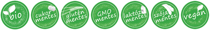 BIO, Cukormentes, Gluténmentes, GMO mentes, Laktózmentes, Szójamentes, Vegán