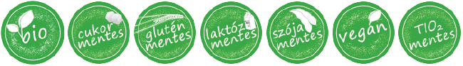 BIO, Cukormentes, Gluténmentes, Laktózmentes, Szójamentes, Vegán, Titán-dioxid mentes