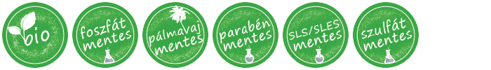 BIO, Foszfátmentes, Pálmavajmentes, Parabénmentes, SLS/SLES mentes, Szulfátmentes