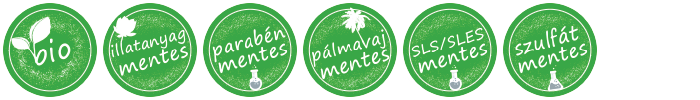 BIO, Illatanyagmentes, Parabénmentes, Pálmavajmentes, SLS/SLES mentes, Szulfátmentes