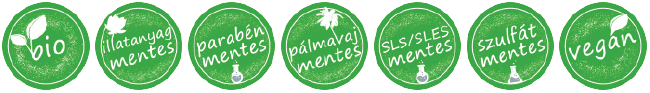 BIO, Illatanyagmentes, Parabénmentes, Pálmavajmentes, SLS/SLES mentes, Szulfátmentes, Vegán