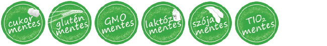 Cukormentes, Gluténmentes, GMO mentes, Laktózmentes, Szójamentes, Titán-dioxid mentes