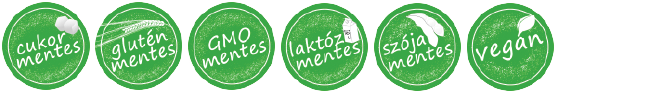 Cukormentes, Gluténmentes, GMO mentes, Laktózmentes, Szójamentes, Vegán