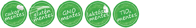 Cukormentes, Gluténmentes, GMO mentes, Laktózmentes, Titán-dioxid mentes