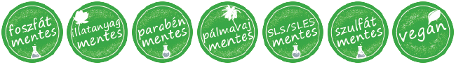 Foszfátmentes, Illatanyagmentes, Parabénmentes, Pálmavajmentes, SLS/SLES mentes, Szulfátmentes, Vegán