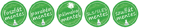 Foszfátmentes, Parabénmentes, Pálmavajmentes, SLS/SLES mentes, Szulfátmentes