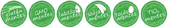 Gluténmentes, GMO mentes, Laktózmentes, Szójamentes, Tojásmentes, Titán-dioxid mentes