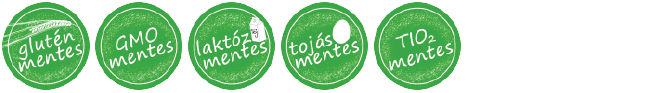 Gluténmentes, GMO mentes, Laktózmentes, Tojásmentes, Titán-dioxid mentes