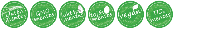 Gluténmentes, GMO mentes, Laktózmentes, Tojásmentes, Vegán, Titán-dioxid mentes