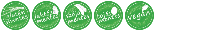 Gluténmentes, Laktózmentes, Szójamentes, Tojásmentes, Vegán