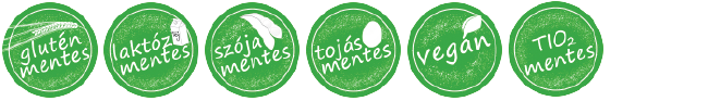 Gluténmentes, Laktózmentes, Szójamentes, Tojásmentes, Vegán, Titán-dioxid mentes